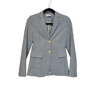 AKRIS Punto Striped Seersucker Stretch Blazer Jacket Navy White Button Women's 2